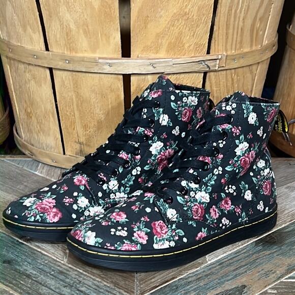 Dr. Martens Hackney 7-Eye Pink Rose Floral Black Canvas Ankle Boot Womens Size 6 - Picture 3 of 11